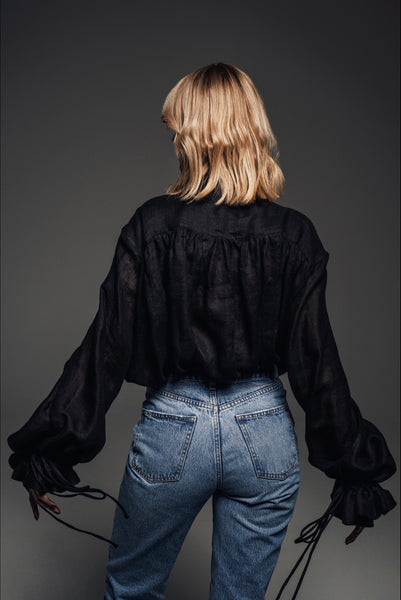 Drama Black Linen Blouse with a Bow