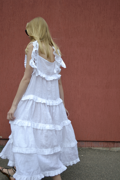 White Soft Linen Ruffle Midi Dress good taste citizen