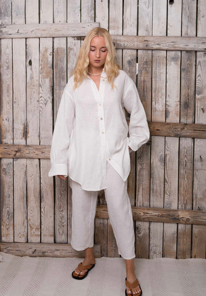 Ines White Linen Shirt and Trousers Set