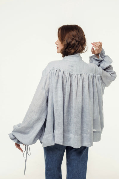Drama Ash Baby Blue Linen Blouse with a Bow