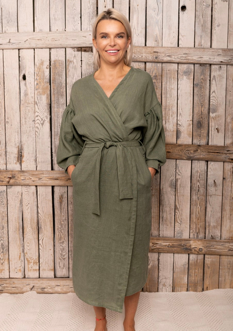 Khaki Soft Linen Midi Length Wrap Dress