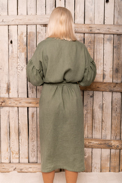 Khaki Soft Linen Midi Length Wrap Dress